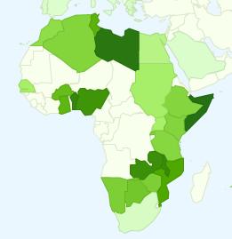 Map of Africa - Lighter green means better top university in that African country.